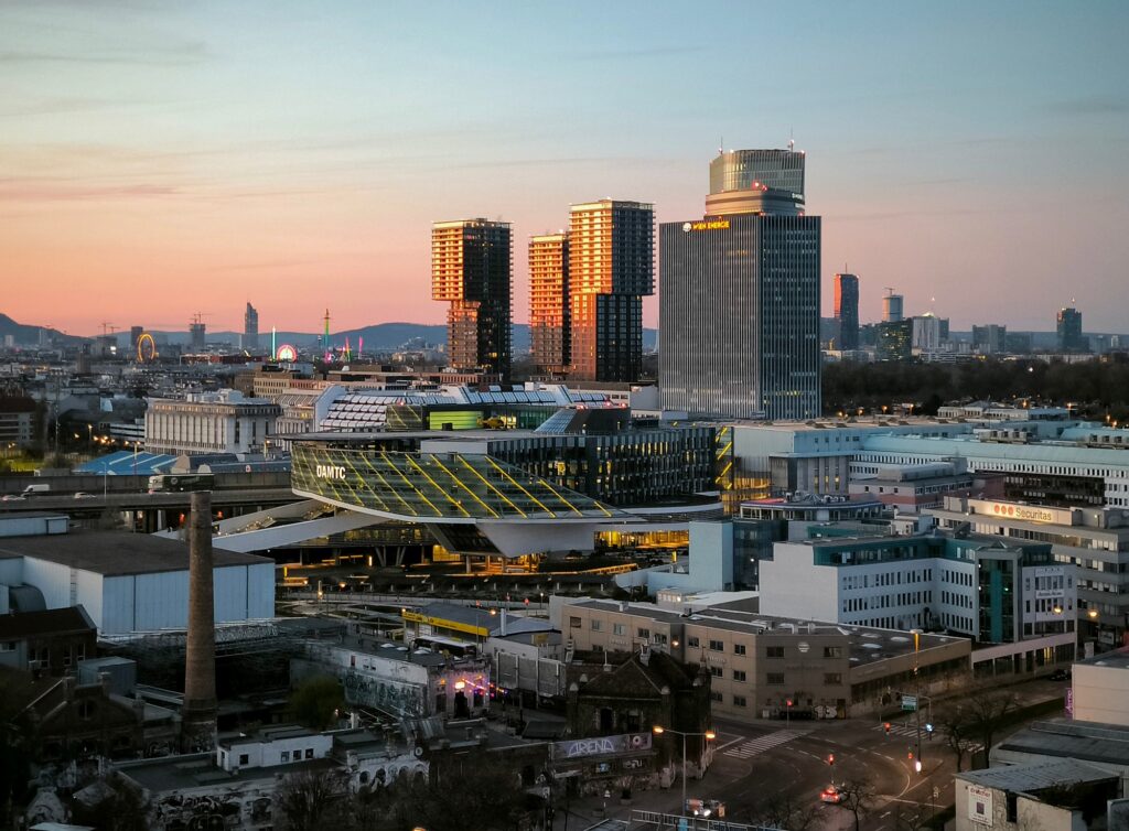 Aerial view of the skyline of Vienna, Austria at sunset